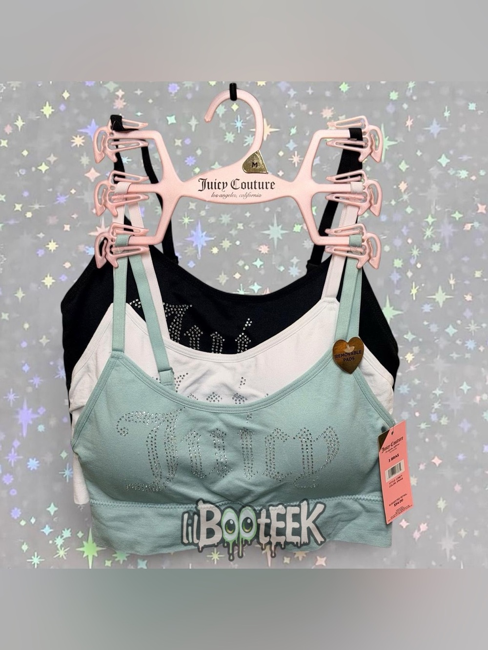 Juicy Couture Mint White & Black Rhinestone Logo Sports Bra 3-Pack MD NEW Y2K